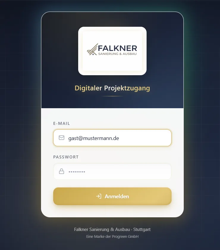 Falkner Bauportal – digitaler Projektzugang mit Bautagebuch, Fotos und Fortschrittsanzeige